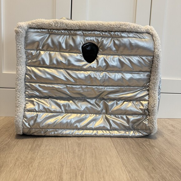 PAJAR Canada Metallic Silver Puffer Tote Bag Faux Shearling Trim Quilted Handbag - Picture 7 of 16